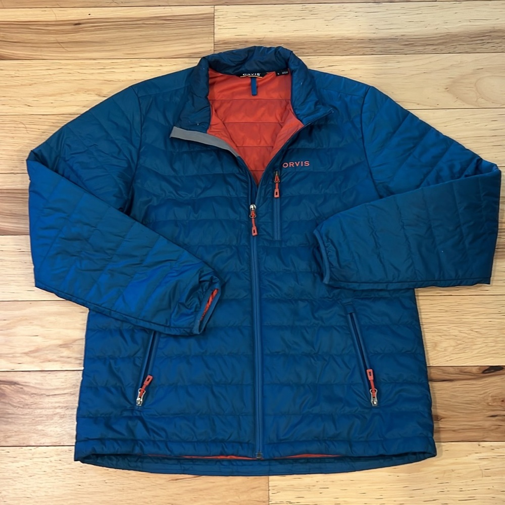 Orvis Recycled Drift Puffer Jacket Size L Blue Puffer Zip